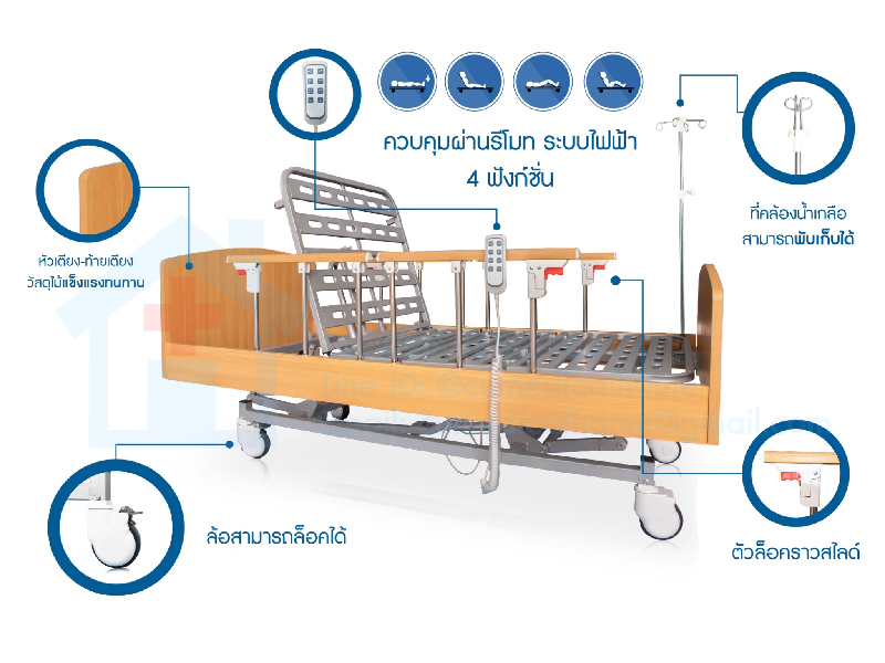 เตียงผู้ป่วยไฟฟ้า 4 ฟังก์ชั่น วัสดุไม้ (Wooden Electric Bed)