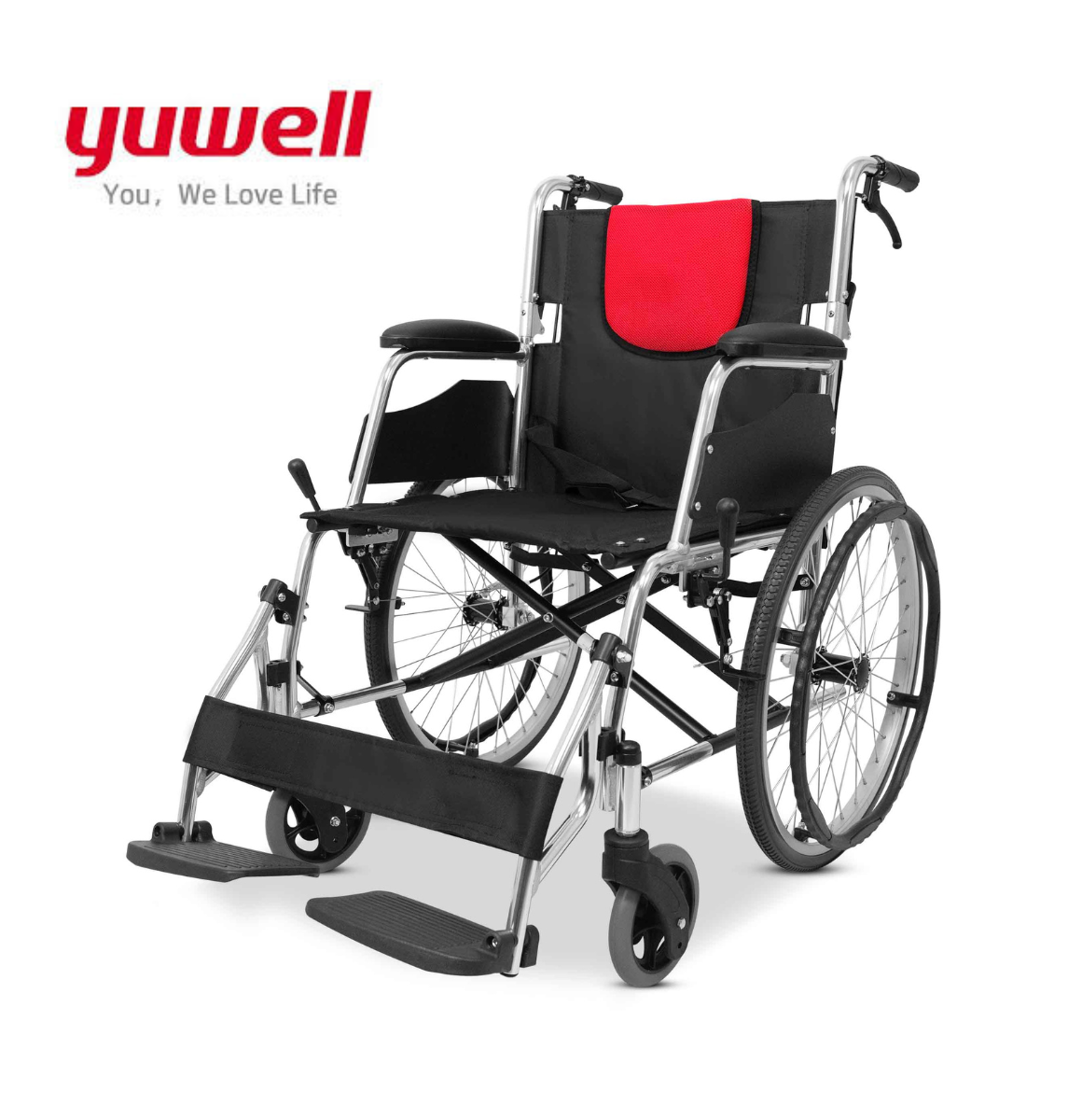 รถเข็นวีลแชร์ ยี่ห้อ Yuwell รุ่นแฮนด์วีล สีแดง Scarlet HO53C ล้อใหญ่เข็นมือ น้ำหนักเบา 12.5 Kg. พับเก็บได้  (Lightweight & Foldable Manual Wheelchair) รับประกัน 1 ปี