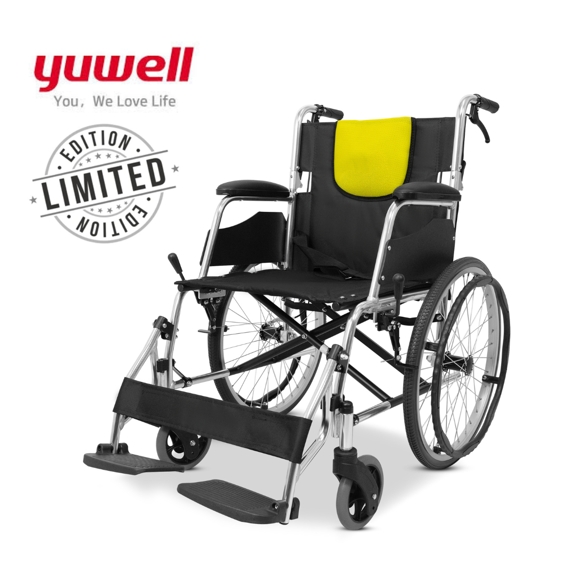 รถเข็นวีลแชร์ ยี่ห้อ Yuwell รุ่นแฮนด์วีล สีเหลืองมะนาว Lemonade HO53C ล้อใหญ่เข็นมือ น้ำหนักเบา 12.5 Kg. พับเก็บได้  (Lightweight & Foldable Manual Wheelchair) รับประกัน 1 ปี