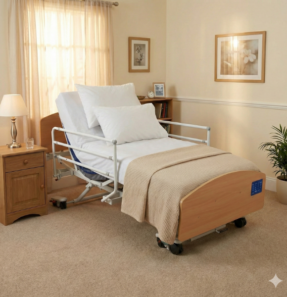 เตียงผู้สูงอายุไฟฟ้า ดีไซน์ไม้ลักซ์ชัวรี่ ยี่ห้อ INVACARE CS8 Floorline Bed